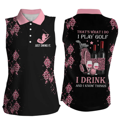 Black Purple Leopard Womens Sleeveless Polo Shirt Funny Golf Wine That'S What I Do, I Play Golf Drink SO1043