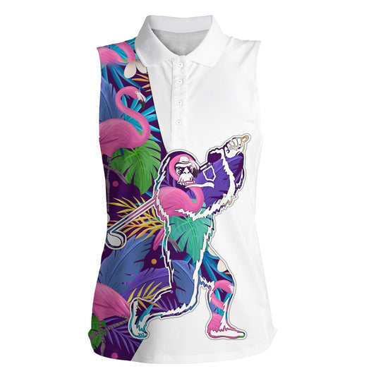 Bigfoot womens sleeveless golf polo shirt colorful tropical flamingo sasquatch playing golf apparel SO0878