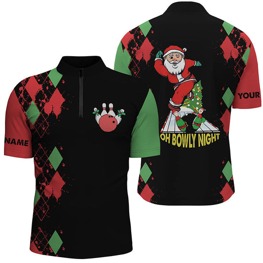 Men's bowling shirt Quarter Zip custom name funny Santa Christmas bowling shirts oh bowly night SO1320