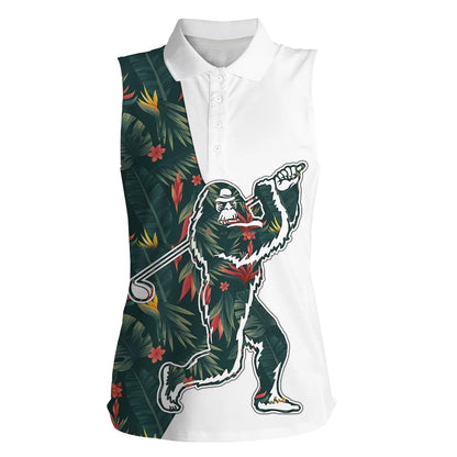 Bigfoot women sleeveless golf polo shirt, colorful tropical leaves pattern sasquatch playing golf SO1006