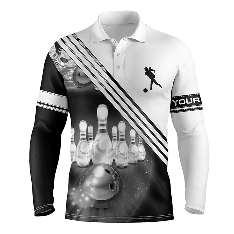 Custom Bowling Shirts For Men Bowling Ball And Pins Team Long Sleeve Polo Shirt, Custom Bowling Jerseys SO1213