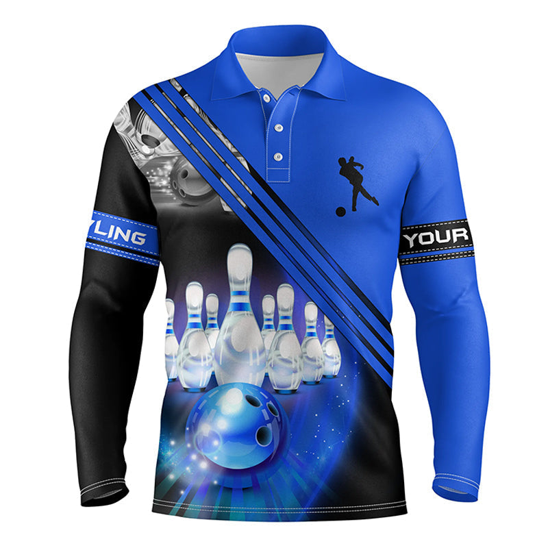 Custom Bowling Shirts For Men Bowling Ball And Pins Team Long Sleeve Polo Shirt, Custom Bowling Jerseys SO1213