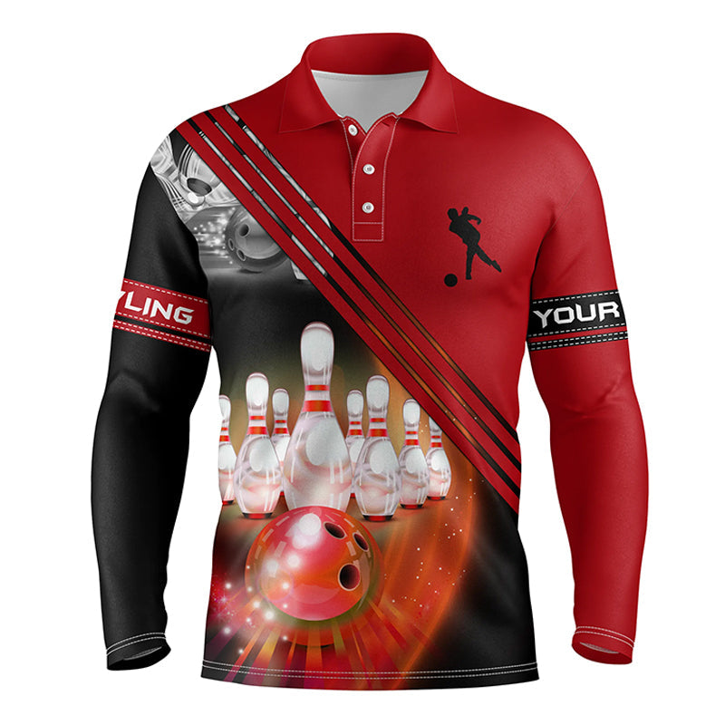 Custom Bowling Shirts For Men Bowling Ball And Pins Team Long Sleeve Polo Shirt, Custom Bowling Jerseys SO1213