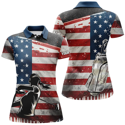 Retro American Flag Golf Women Polo Shirt Custom Name Patriotic Golf Tops For Women Golf Gift GO0022