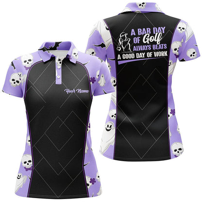 Womens Purple Halloween Golf Polo Shirt, Halloween With Skulls And Ghosts Golf Polo Shirts For Women GO0002