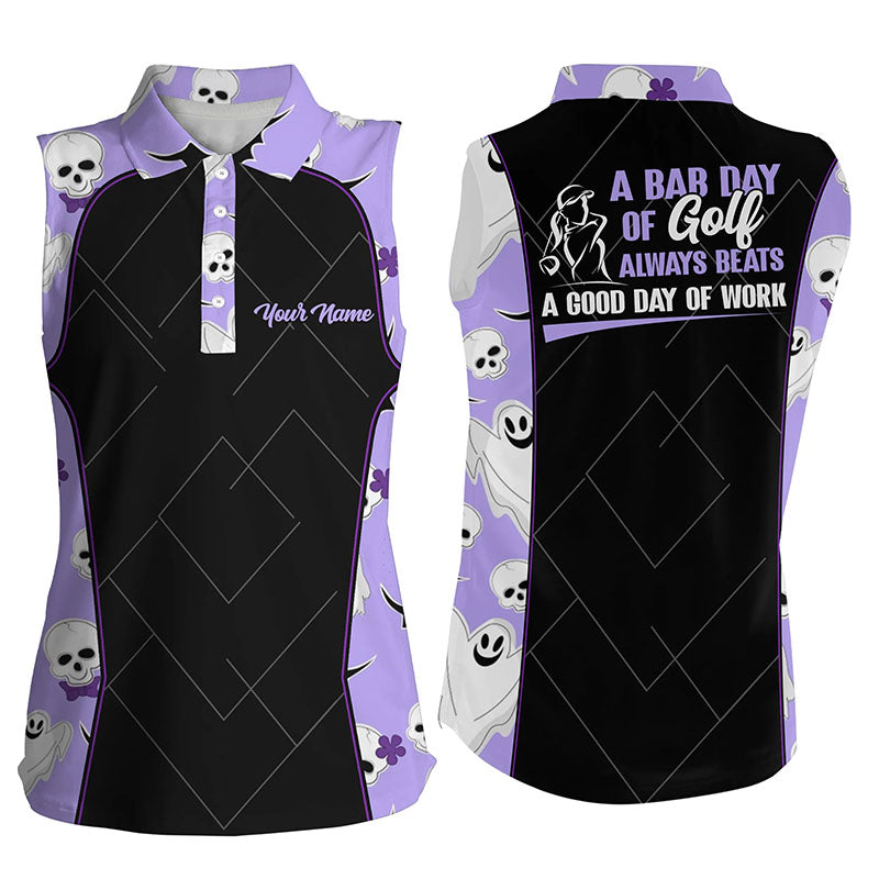 Womens Purple Halloween Golf Polo Shirt, Halloween With Skulls And Ghosts Golf Polo Shirts For Women GO0002