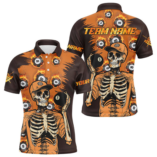 Billiard Orange Funny Skeleton With 8 Ball Customized Name, Team Name 3D Polo Shirt For Men BIO0019