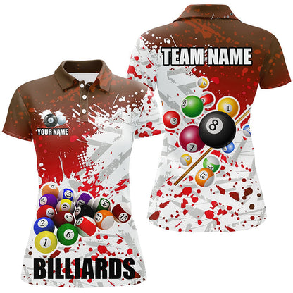 Billiard Red and Purple Billiard Balls Paint Splas Customized Name, Team Name 3D Polo Shirt For Women BIO0014