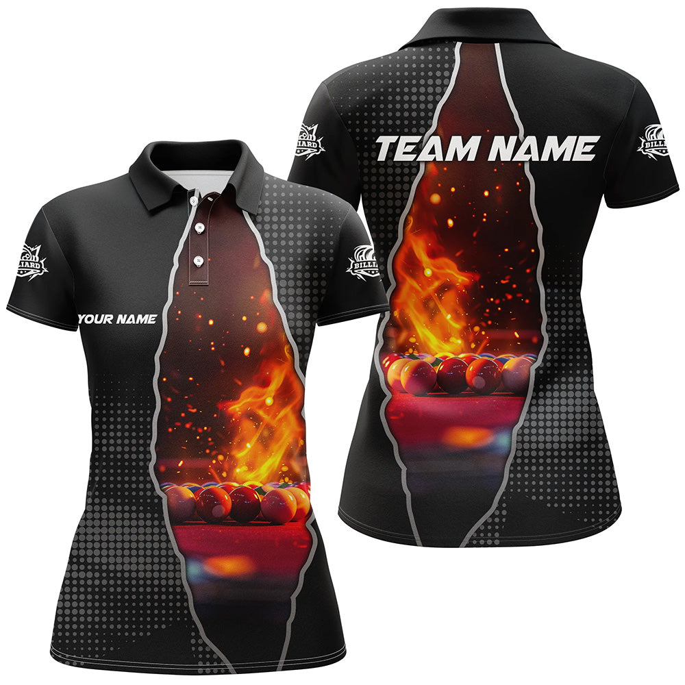 Billiard Balls Fire Black Pattern Customized Name, Team Name 3D Polo Shirt For Women BIO0012