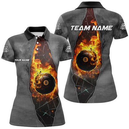 Billiard Balls Fire Black Pattern Customized Name, Team Name 3D Polo Shirt For Women BIO0012