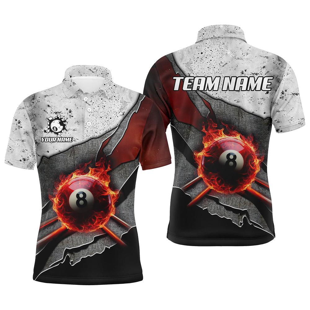 Billiard Grey Grunge Fire 8 Ball Pool Cue Customized Name, Team Name 3D Polo Shirt For Men BIO0015