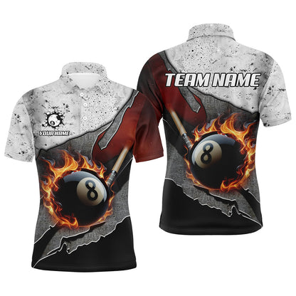 Billiard Grey Grunge Fire 8 Ball Pool Cue Customized Name, Team Name 3D Polo Shirt For Men BIO0015