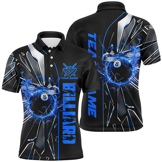 Billiard Blue and Purple Glass Crack 8 Ball Customized Name, Team Name 3D Polo Shirt For Men BIO0020