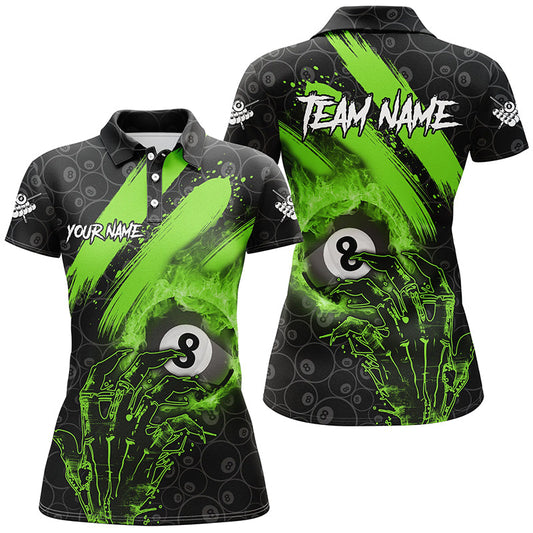 Billiard Green 8 Ball Pool Fire And Claw Hand Customized Name, Team Name 3D Polo Shirt For Women BIO0010