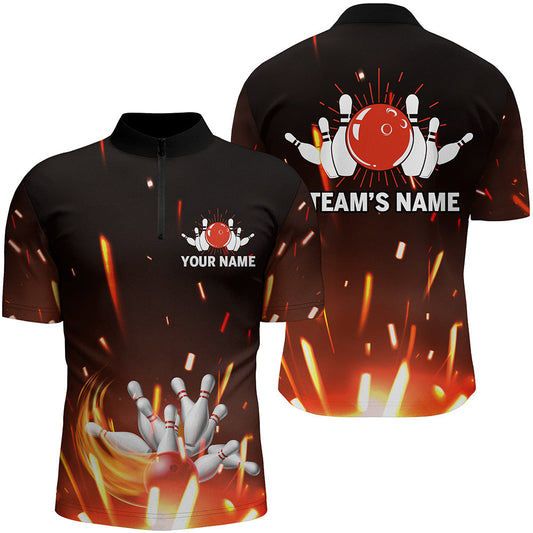 Personalized Bowling Shirt for Men, Flame Bowling Quarter-Zip Shirt for Team, Men Bowlers Jersey SO0631