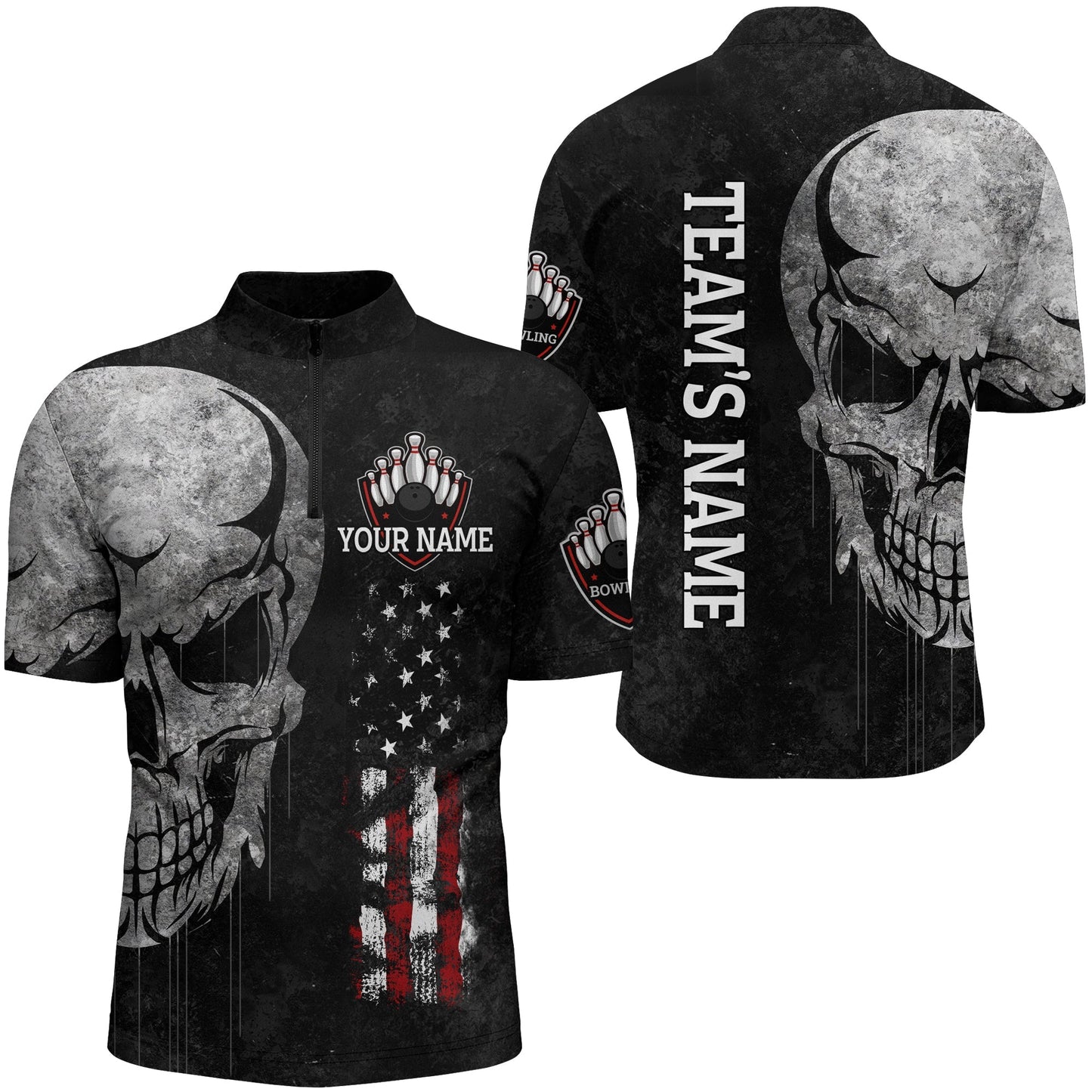 Men's Skull Bowling Shirt Quarter-Zip, Patriotic Custom Name Men Bowlers Jersey American Flag SO1367