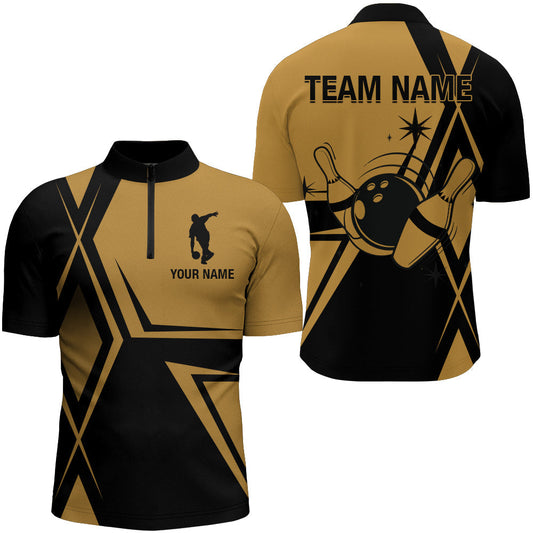 Black and Gold Bowling Jersey Men Custom Bowling Quarter-Zip Shirt Vintage Bowling Team League Shirt SO0737