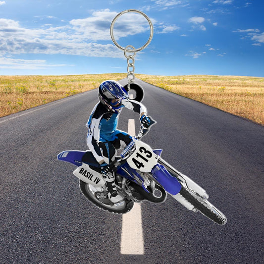 Personalized Motocross Dirt Bike Keychain, Custom Name Acrylic Flat Keychain for Biker KO0188