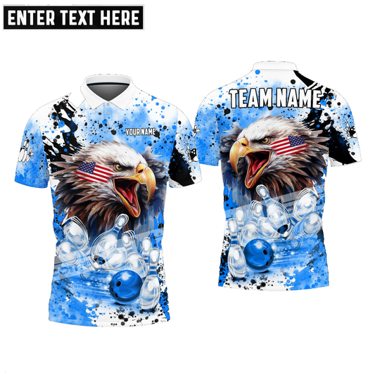 Bowling And Pins Eagle American Flag Paint Pattern Customized Name, Team Name 3D Polo Shirt BO0421