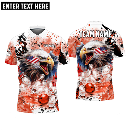 Bowling And Pins Eagle American Flag Paint Pattern Customized Name, Team Name 3D Polo Shirt BO0421