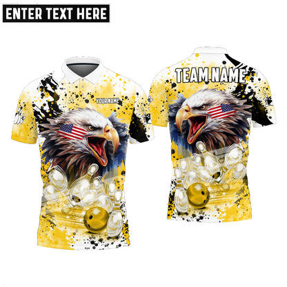 Bowling And Pins Eagle American Flag Paint Pattern Customized Name, Team Name 3D Polo Shirt BO0421