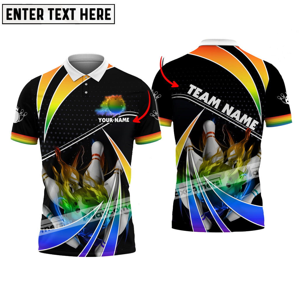 Bowling Ball & Pins Fire Light Sport Jersey Multicolor Option Customized Name, Team Name 3D Polo Shirt BO0405