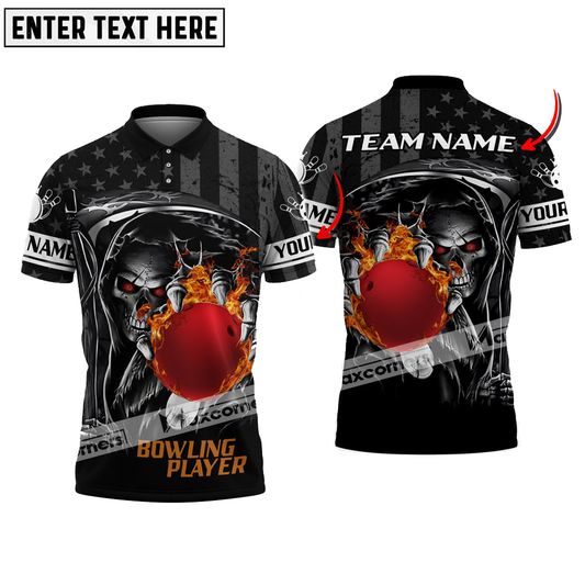 Bowling Skull Ball Flame American Flag Pattern Multicolor Option Customized Name, Team Name 3D Polo Shirt, Skull Bowling Lovers BO0397