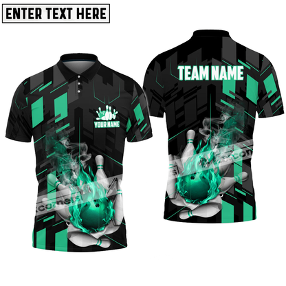 Bowling Ball and Pins Flame Smoke Multicolor Option Customized Name Team Name 3D Polo Shirt BO0395