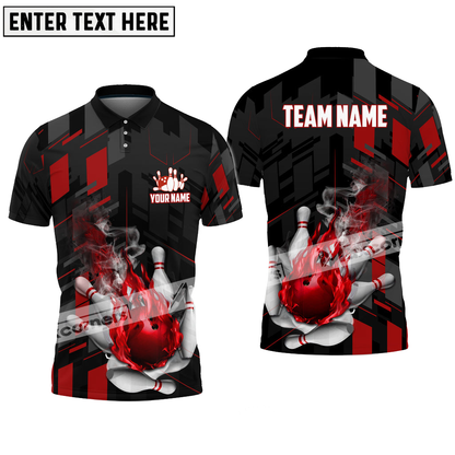 Bowling Ball and Pins Flame Smoke Multicolor Option Customized Name Team Name 3D Polo Shirt BO0395