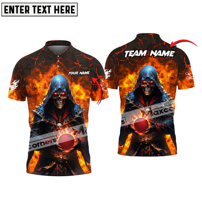 Bowling and Pins Skull Fire Magma Pattern Multicolor Option Customized Name Team Name 3D Polo Shirt BO0393