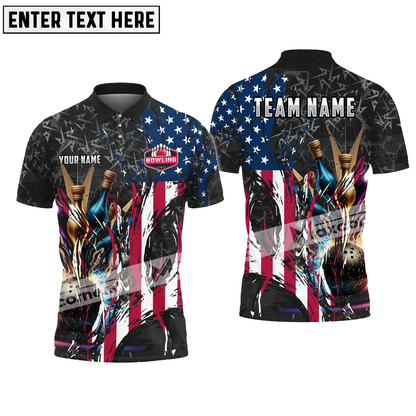 Bowling Ball And Pins Digital American Flag Pattern Multicolor Option Customized Name, Team Name 3D Polo Shirt BO0400