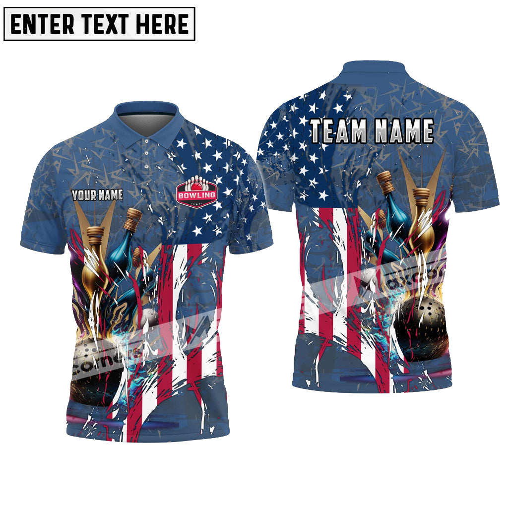 Bowling Ball And Pins Digital American Flag Pattern Multicolor Option Customized Name, Team Name 3D Polo Shirt BO0400