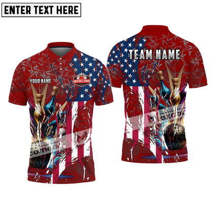 Bowling Ball And Pins Digital American Flag Pattern Multicolor Option Customized Name, Team Name 3D Polo Shirt BO0400