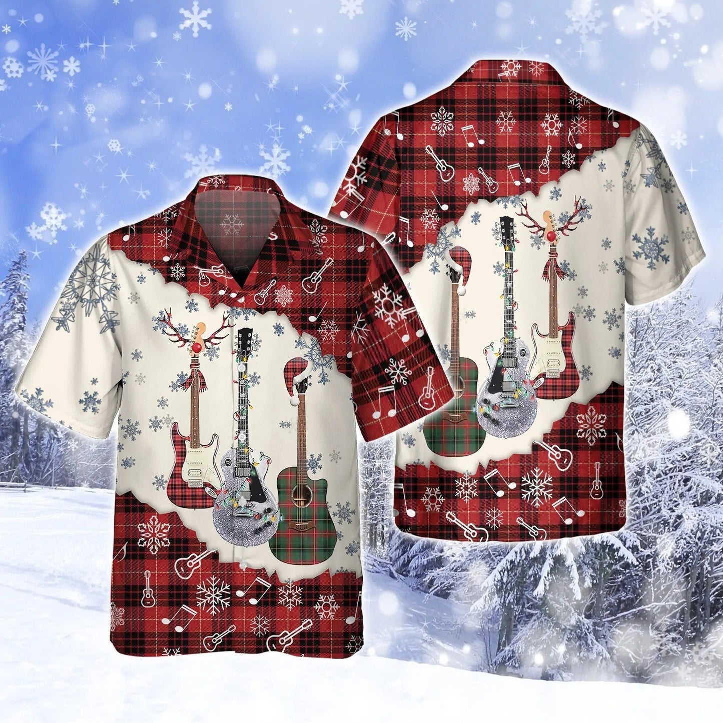 3D All Over Print Guitar Snow Hoodie Men Women, Guitar Hawaiian Shirt Shirt Sleeve, Christmas Gift For Guitarist TO2773