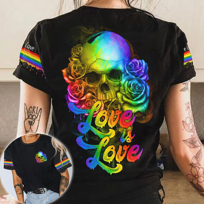 Skull Pride Shirt For Pride Month, LGBT Skull Rose Rainbow Love Is Love, Gift For LGBT Friends LO0696