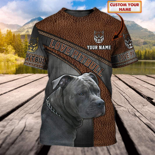 Custom Name Love Pitbull T Shirt Brown Leather Pattern TO1097