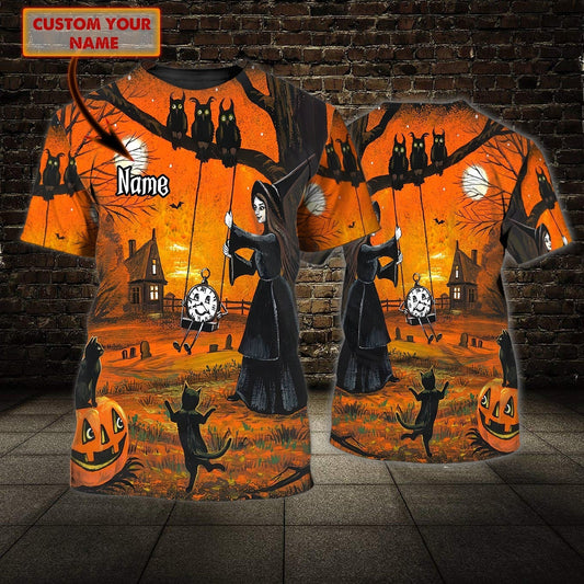 Custom Funny Halloween Shirt, Black Cat Dancing Witch 3D Tshirt, Unisex Halloween Shirts TO2317