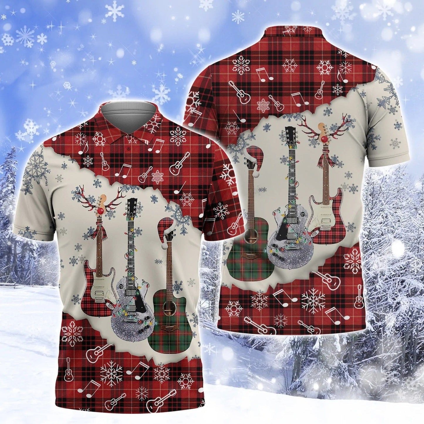 3D All Over Print Guitar Snow Hoodie Men Women, Guitar Hawaiian Shirt Shirt Sleeve, Christmas Gift For Guitarist TO2773