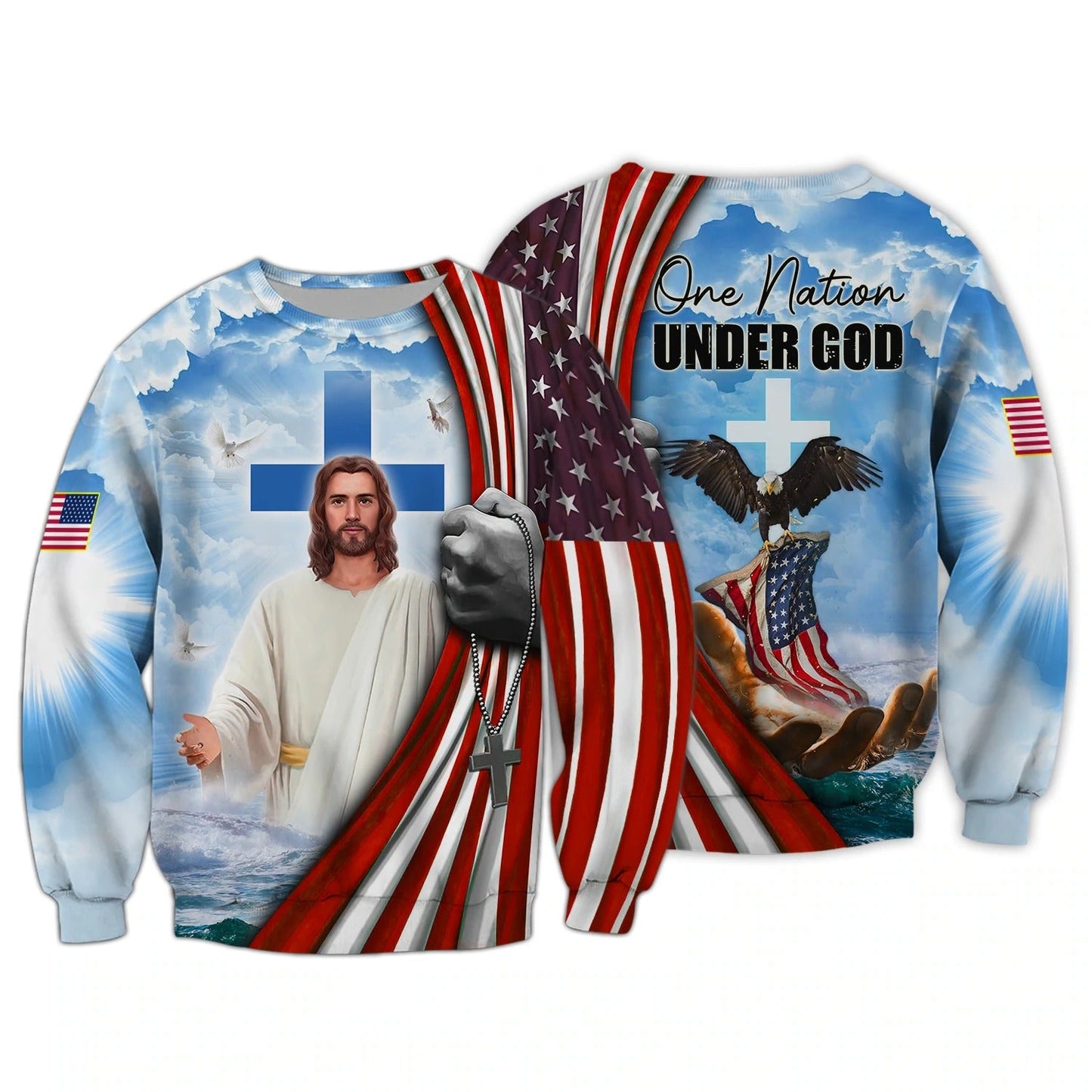 Jesus And Eagle 3D T Shirt, 4Th Of July Patriotic All Over Print Tshirt Hoodie, One Nation Under God Hawaiian Shirt TO0213