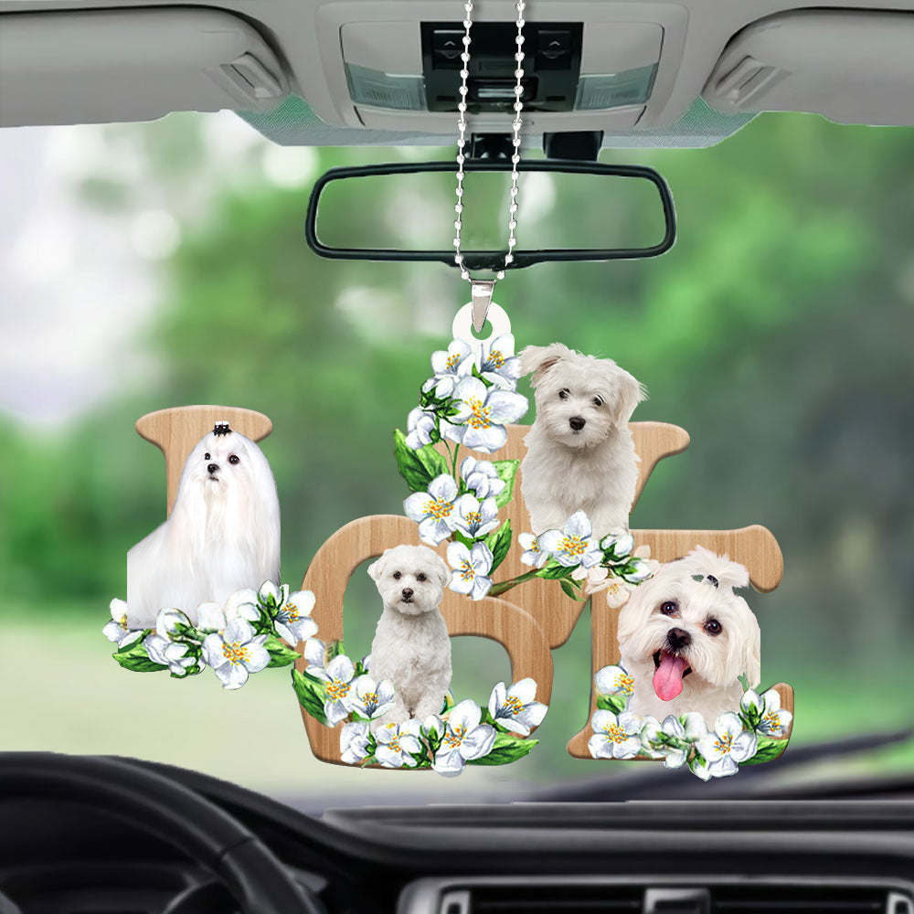 Car Hanging Ornament Maltese Love Flowers Dog Lover Ornaments OO0875