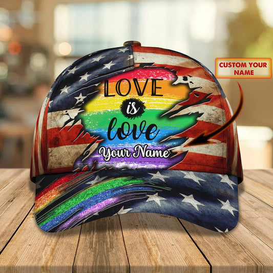 Pride LGBT Personalized Name Cap, Love Is Love With American Flag 3D Cap CA0302