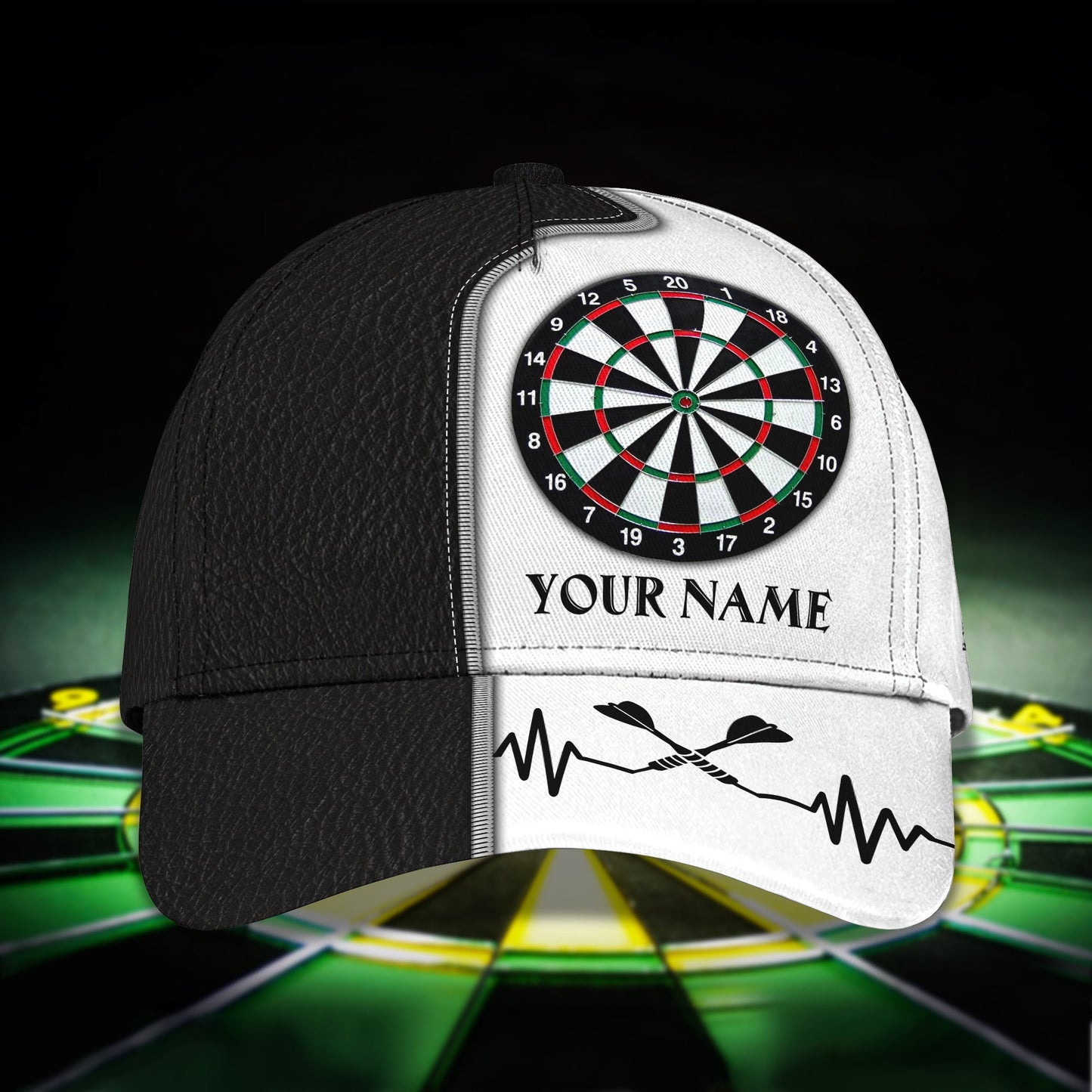 Customized Darts 3D Baseball Cap for Men and Women, Black White Dartboard, Dart and Beer Cap CO0085