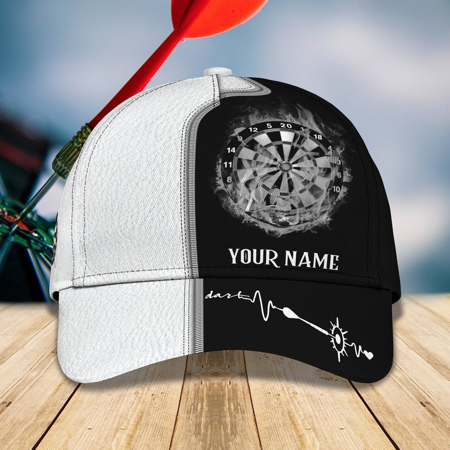 Personalized Name Black and White Heart Beat Dart Classic Cap, Perfect Gift for Men Women, Dart Cap Hat CO0198