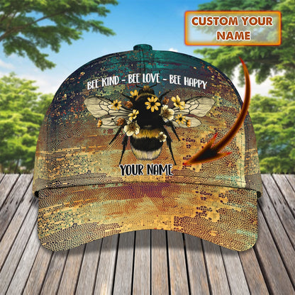 3D Classic Cap Bee Kind Bee Love Bee Happy Personalized Name Cap CA1368