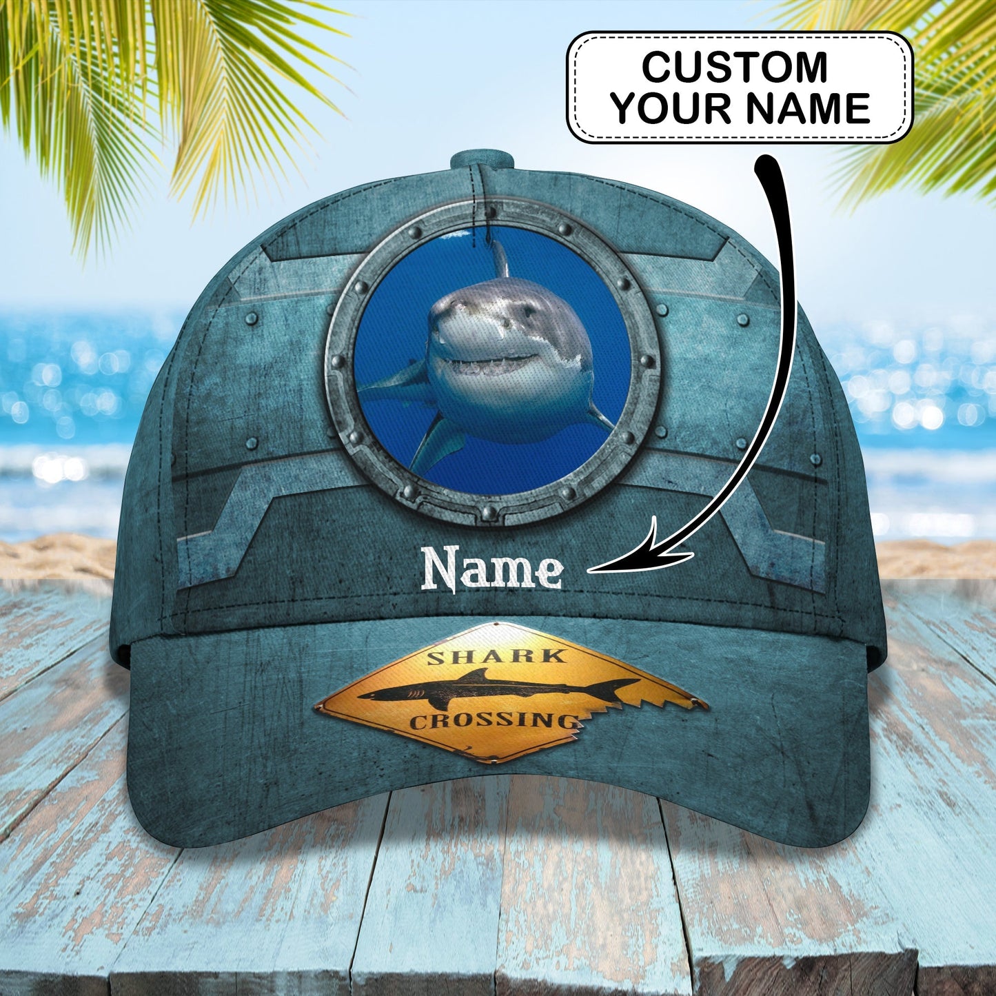 3D Classic Cap Shark Crossing Personalized Name Cap Lasfour CA0975