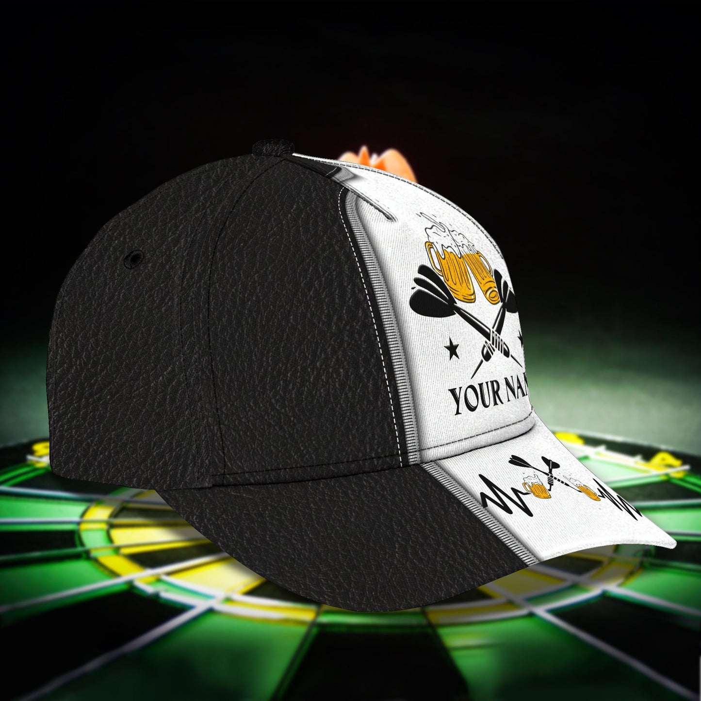 Customized Darts 3D Baseball Cap for Men and Women, Black White Dartboard, Dart and Beer Cap CO0085