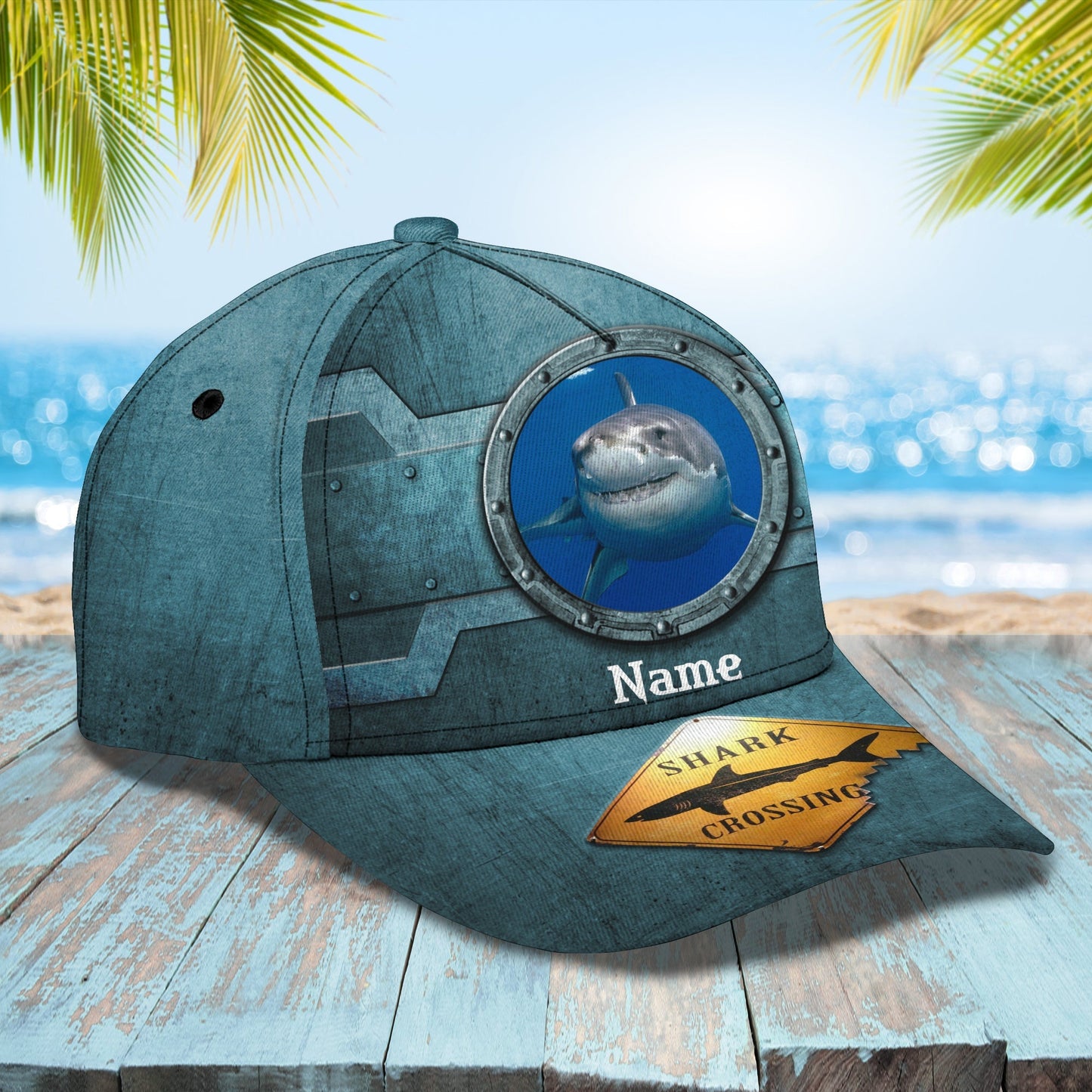 3D Classic Cap Shark Crossing Personalized Name Cap Lasfour CA0975