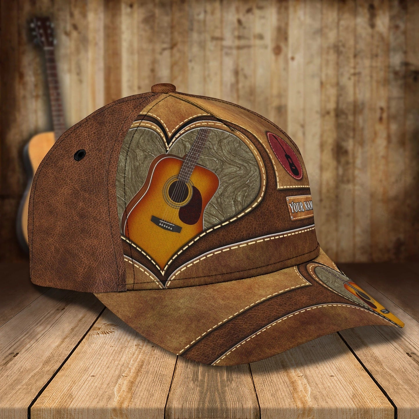 Baseball Guitar Cap Hat For Travel Summer, Guitar Cap Leather Brown Pattern, Best Gift To Guitarist CO0430