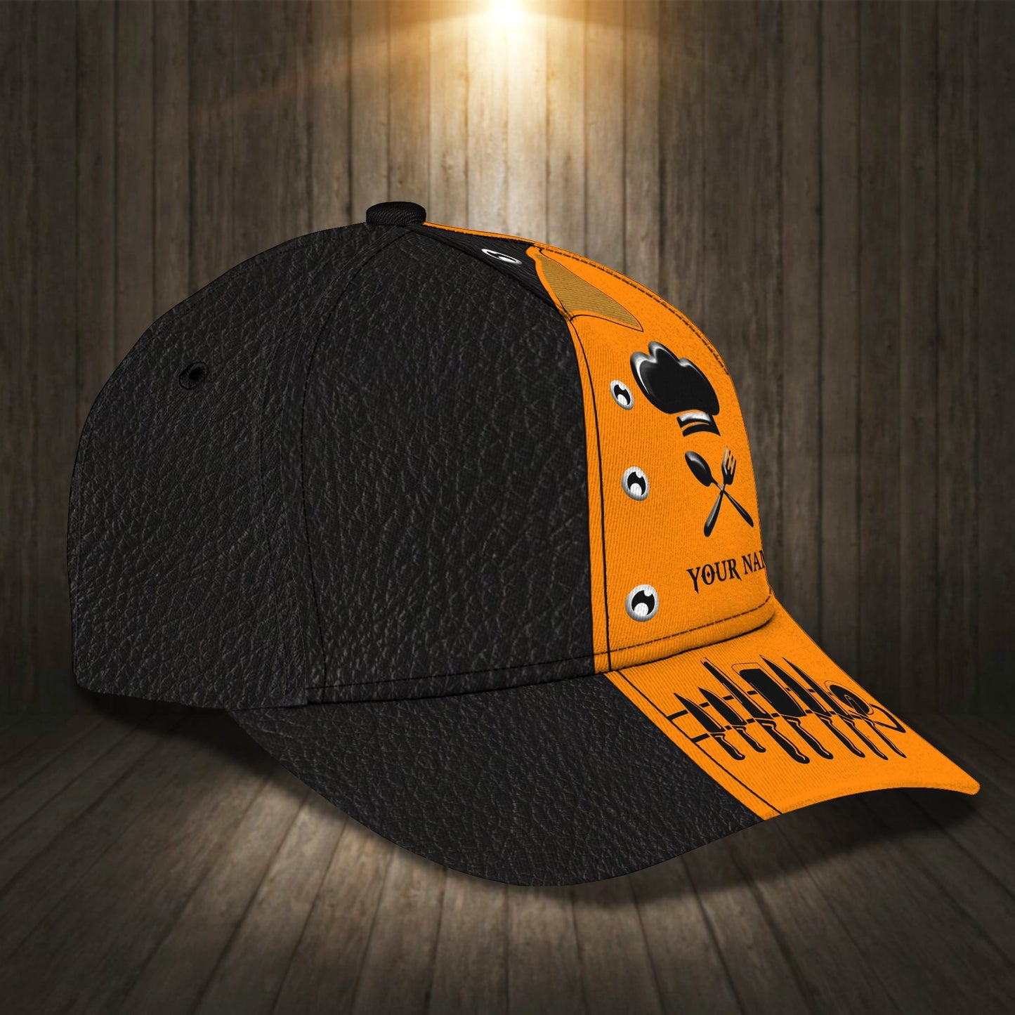 3D Classic Cap Chef Personalized Name Cap Cook 3D Cap Black & Orange Lasfour CA2348