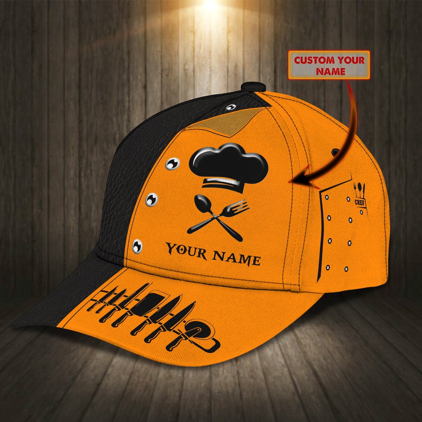 3D Classic Cap Chef Personalized Name Cap Cook 3D Cap Black & Orange Lasfour CA2348